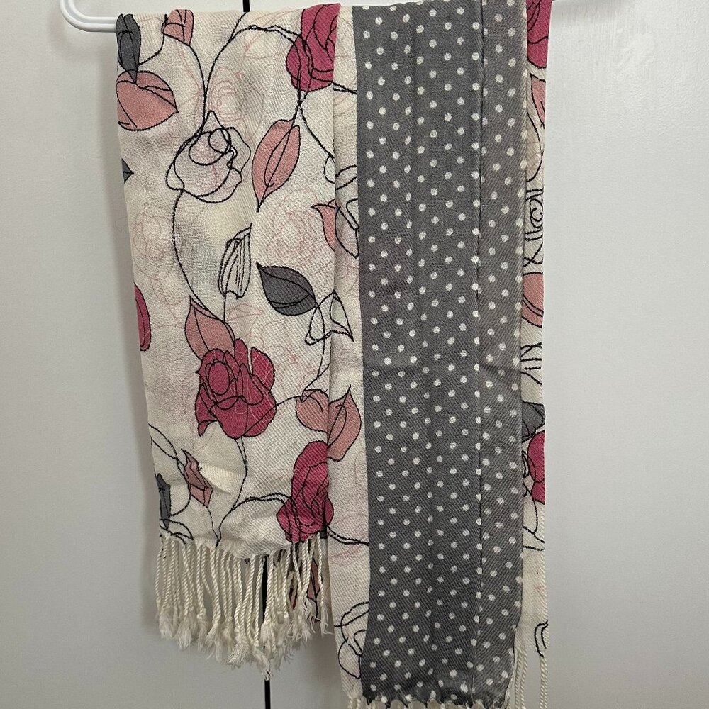 Floral & Polka Dot Mixed-Print Scarf with Fringe